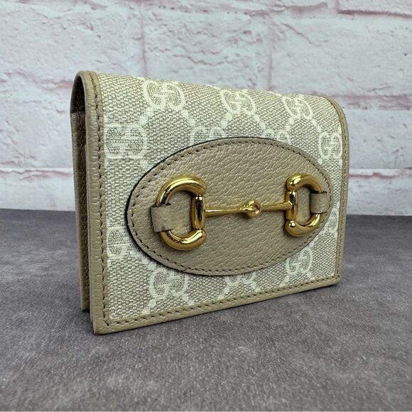 Gucci Horsebit Beige Oatmeal Gold Card Holder Wallet 621887 - Picture 3 of 16